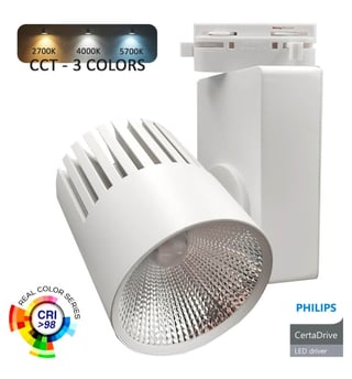 Spot LED 40W UPPSALA Blanc - Philips Certa Drive - 3CCT - Rail Monophasé - CRI+98 / 5 Ans de Garantie
