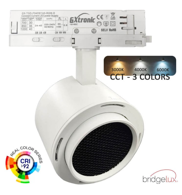 Spot LED Triphasé - 40W-30W - ROME Blanc  - Driver GxTronic / Optique réglable 24º-60º - UGR13 - CCT - Image 1